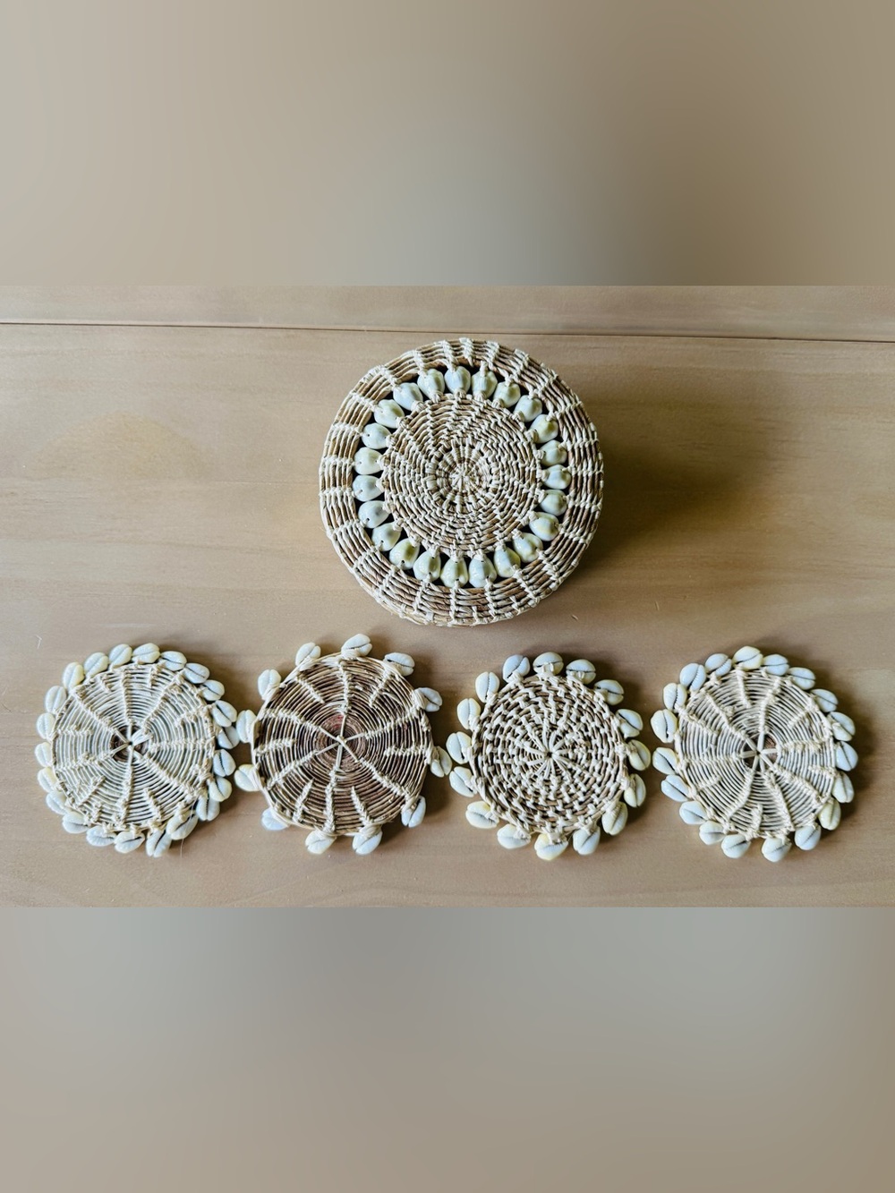 Handwoven Shell Wicker Coasters Set of 4